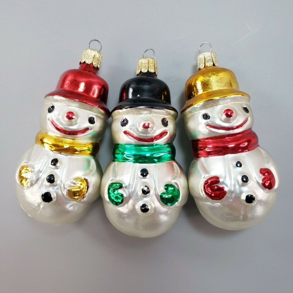Czechoslovakia Mercury Blown Glass Snowman Ornaments Set of 3 Frosty Christmas